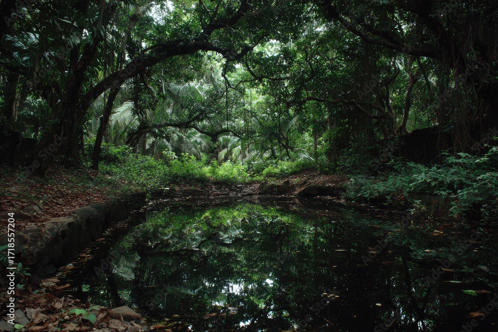 Obraz premium Lush tropical forest, dark pond reflection