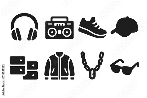 Hip Hop Essentials Icons. Solid, filled icon set of hip hop dance accessories: headphones, boombox, sneakers, baseball cap, wristbands, jacket, chains,