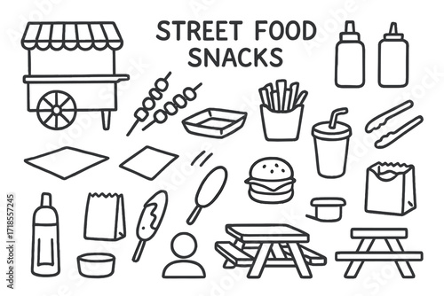Street Food Doodle. Hand-drawn doodle illustration [Working mom] [laptop, briefcase, coffee cup, phone, clock, calendar, child drawing, pencil, keyboard,