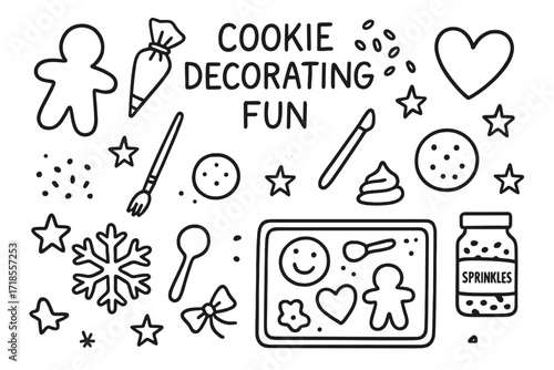 Cookie Decorating Doodles. Hand-drawn doodle illustration Cookie decorating fun [cookie shape, icing bag, sprinkles, stars, heart cookie, snowflake cookie,