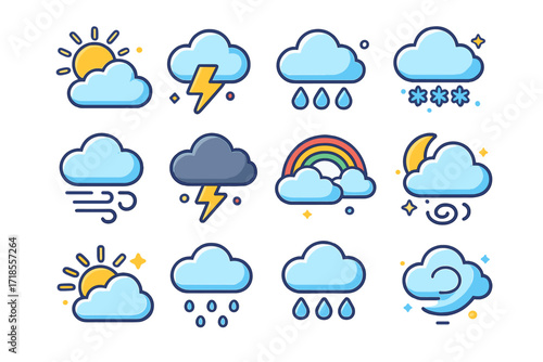 Colorful Weather Icons. Colorful isometric vector icons set of weather and cloud effects: sunny cloud, lightning bolt cloud, rainy cloud, snow cloud, windy