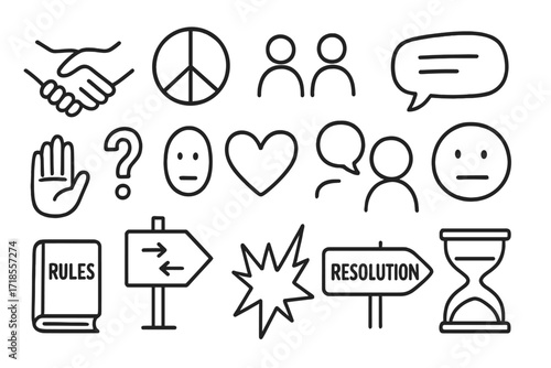 Conflict Resolution Icons. Hand-drawn doodle illustration Conflict Resolution handshake, peace symbol, two people icon, chat bubble, calm face, stop hand,