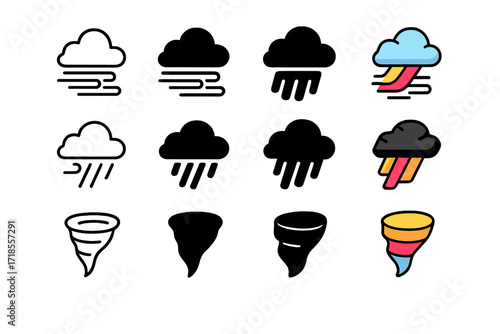 Extreme Wind Icons. Icon Set of Extreme Winds: Gust Front, Microburst, Whirlwind. Icons set in vector style, emblematic variations. Gust Front line, Gust Front