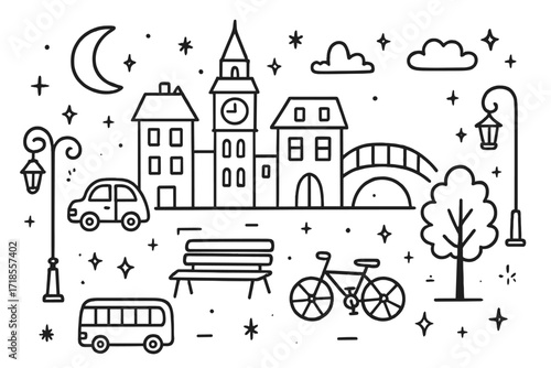 Whimsical Night Cityscape. Hand-drawn doodle illustration Night city [buildings, streetlamp, car, moon, stars, clock tower, bench, tree, window, bridge, bus,