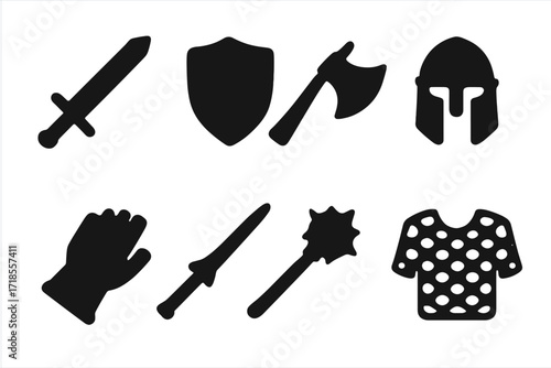 Noble Weapon Icons. Solid, filled icon set of noble weapons and defense: longsword, shield, battle axe, helmet, gauntlet, lance, mace, chainmail. Solid, filled