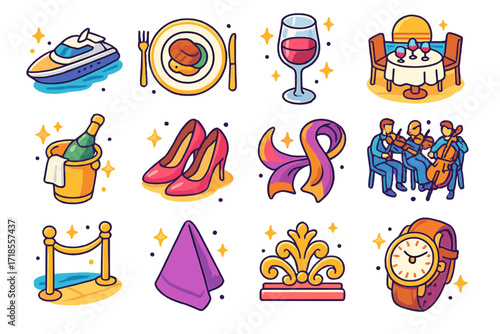 Luxury Cruise Icons. Colorful isometric vector icons set of luxury cruise vibes: sleek yacht, fine dining plate, crystal glass, sunset dinner table, champagne