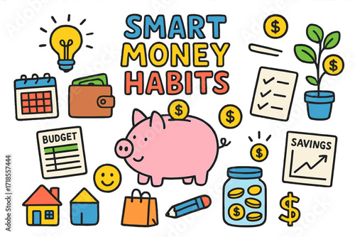 Smart Money Doodles. Colorful Hand-drawn doodle Children illustration Smart Money Habits piggy bank, coins, calendar, wallet, light bulb, budget sheet,