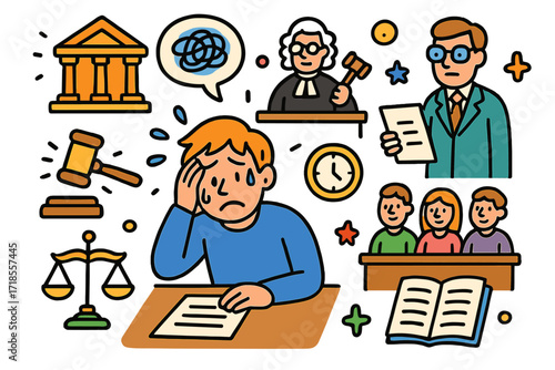 Defendant's Doodle Dilemma. Colorful Hand-drawn doodle Children illustration Defendant under pressure [defendant, judge, lawyer, jury, courthouse, gavel,