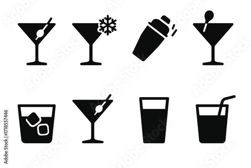 Martini Icons Set. Solid, filled icon set of martini serving styles: neat pour, chilled glass, shaken, stirred, on the rocks, up glass, straight glass, with