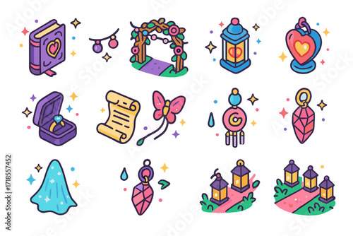 Whimsical Wedding Icons. Colorful isometric vector icons set of whimsical wedding themes: enchanted vows book, fairy lights, forest altar, glowing heart