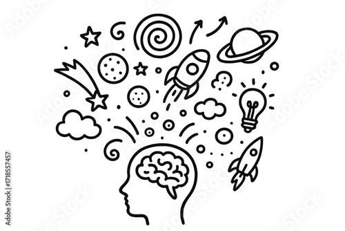 Cosmic Doodle Mindscape. Hand-drawn doodle illustration cosmic thoughts floating away human head silhouette, brain, spiral, stars, moon, planets, rocket,