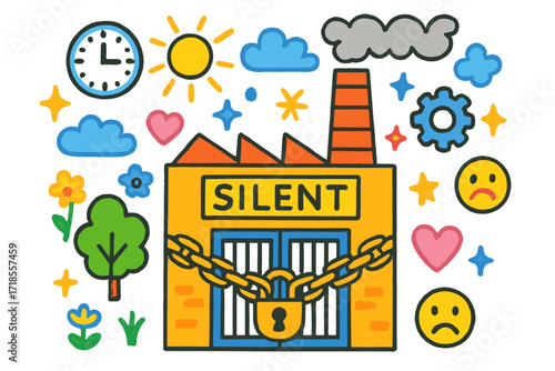 Whimsical Factory Doodles. Colorful Hand-drawn doodle Children illustration Silent Industry factory building, closed gate, chain, padlock, clock, gear, smoke