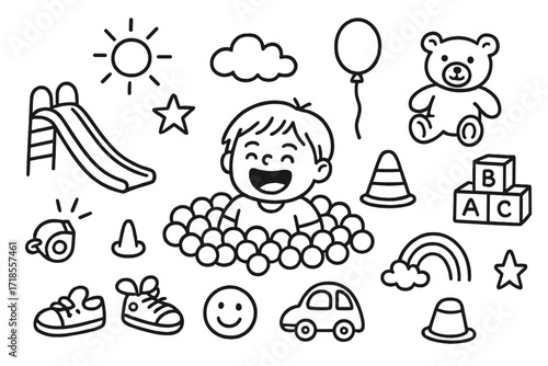 Playful Ball Pit Icons. Hand-drawn doodle illustration Ball pit plastic balls, slide, laughing child, star, sun, cloud, balloon, teddy bear, blocks, whistle,