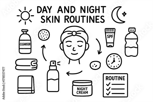 Day-Night Skincare Doodles. Hand-drawn doodle illustration [Day and night skin routines] sun icon, moon icon, face outline, cleanser, sunscreen, night cream,