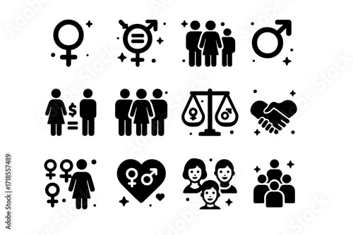 Gender Symbols Icons. Gender Equality. Solid icons set of female symbol, male symbol, gender-neutral symbol, equal pay, diverse workplace, balance scale, group