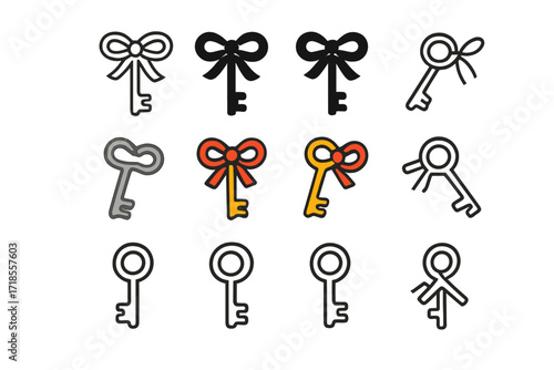 Diverse Key Logo Designs. Set Logo of Handheld House Keys: key with ribbon tied around it. Logo set in vector style, emblematic variations. line, bold thick