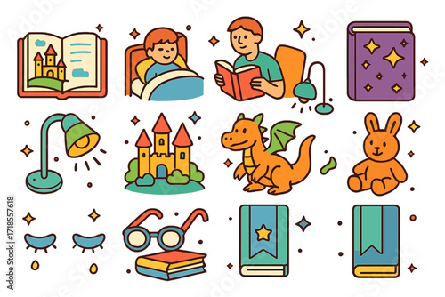 Bedtime Story Icons. Colorful isometric vector icons set of bedtime story moments: open picture book, child in bed listening, parent reading aloud, book cover