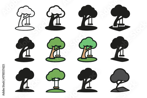 Swing Logo Variations. Set Logo of outdoor lounging: tree swing over lawn. Logo set in vector style, emblematic variations. line, bold thick line, solid black