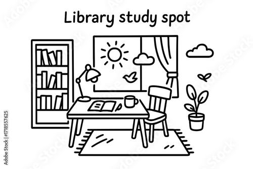 Library Study Doodles. Hand-drawn doodle illustration [Library study spot] [window, bookshelf, books, chair, table, lamp, curtain, notebook, pen, cup, potted