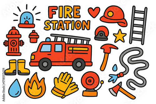 Firefighter Doodle Icons. Fire station. Colorful Hand-drawn doodle Children illustration fire truck, siren, hydrant, helmet, boots, gloves, star, heart,