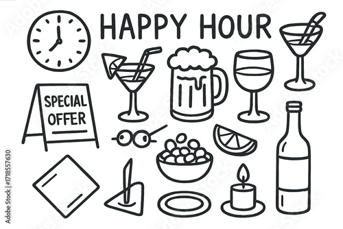 Happy Hour Icons. Happy hour details. Hand-drawn doodle illustration happy hour details clock, cocktail glass, beer mug, wine glass, margarita glass, special