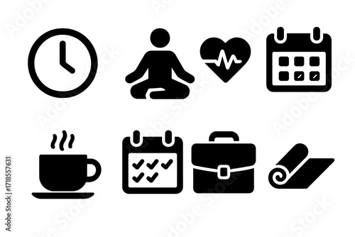 CEO Stress Icons. Solid, filled icon set of CEO stress and balance: clock, meditation pose, heart rate, calendar, coffee cup, calendar with checkmarks,