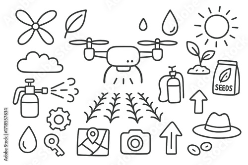 Agricultural Drones Doodle. Hand-drawn doodle illustration agricultural drones drone, crop field, propeller, leaf, droplet, sun, plant, seed packet, fertilizer