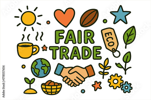 Fair Trade Doodle Art. Fair Trade. Colorful Hand-drawn doodle Children illustration Fair Trade coffee cup, cocoa bean, eco tag, leaf, handshake, basket, globe,