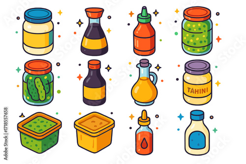 Colorful Condiment Icons. Colorful isometric vector icons set of refrigerated condiments: mayonnaise jar, soy sauce bottle, sriracha bottle, relish jar, pickle