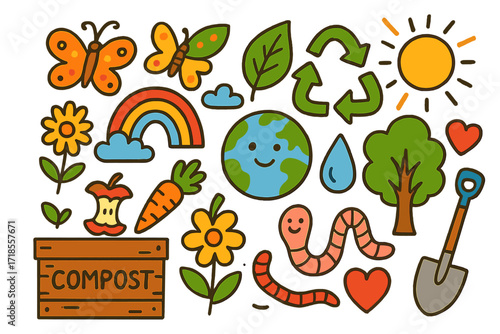Doodle Composting Fun. Colorful Hand-drawn doodle Children illustration Composting and Recycling [compost bin, leaf, apple core, carrot top, flower, water