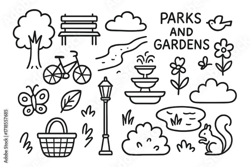 City Park Doodle. Hand-drawn doodle illustration exploring parks and gardens in the city tree, bench, walking path, fountain, flower, bird, bicycle, lamp post,