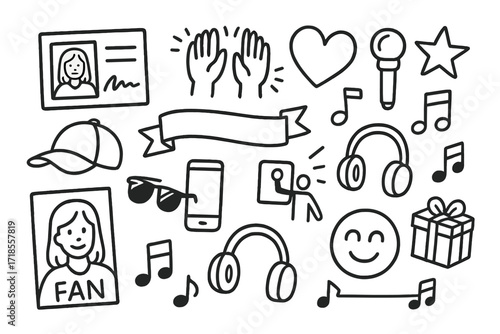 Idol Fan Doodle. Hand-drawn doodle illustration pop idol fan culture autograph card, cheering hands, heart icon, light stick, star, music note, banner, cap,