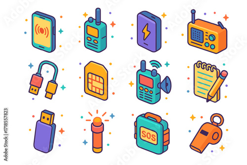 Emergency Tools Icons. Colorful isometric vector icons set of emergency communication tools: mobile phone, walkie-talkie, power bank, emergency radio, charger
