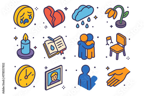 Grief Icons Collection. Colorful isometric vector icons set of Grief expression: crying face, broken heart, rainy cloud, wilted flower, candle in the dark,