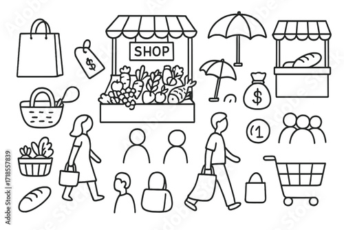 Marketplace Doodle Icons. Hand-drawn doodle illustration marketplace square stalls, baskets, umbrella, weighing scale, fruits, vegetables, fish, bread loaf,