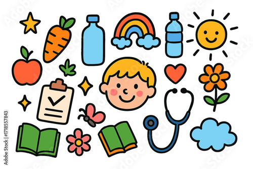 Healthy Living Doodle. Colorful Hand-drawn doodle Children illustration Healthy Living apple, carrot, water bottle, heart, star, rainbow, sun,