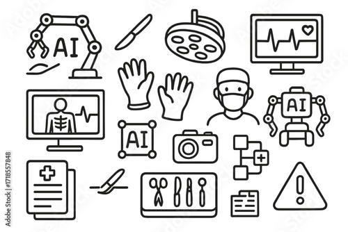 AI Surgery Icons. Hand-drawn doodle illustration AI-assisted Surgery robotic hand, scalpel, surgery light, heart monitor, sterile gloves, surgeon mask, screen
