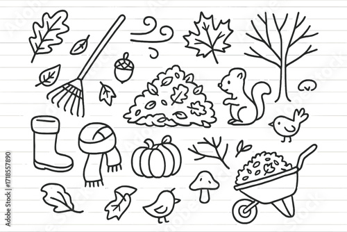 Autumn Doodle Elements. Hand-drawn doodle illustration [Falling Leaves Pile] [oak leaf, maple leaf, rake, leaf pile, acorn, wind swirl, bare tree, squirrel,