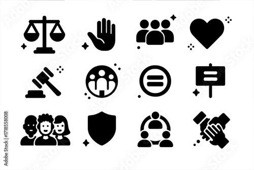 Equality Icons Set. Fairness. Solid icons set of balanced scale, open hand, group of people, handshake, heart, justice hammer, inclusive circle, equality