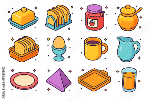 Isometric Breakfast Icons. Colorful isometric vector icons set of breakfast table essentials: butter dish, toast rack, jam jar, honey pot, bread basket, egg