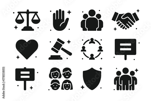 Fairness Icon Set. Fairness. Solid icons set of balanced scale, open hand, group of people, handshake, heart, justice hammer, inclusive circle, equality