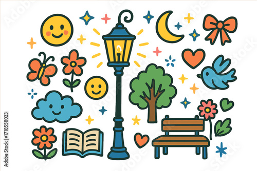 Whimsical Night Scene. Colorful Hand-drawn doodle Children illustration Lamp Post street lamp, glowing light, moon, stars, sparkles, heart, smiling faces,