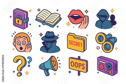 Secrets and Revelations Icons. Colorful isometric vector icons set of secrets and revelations: locked diary, open book, spilled ink, whispering lips, surprised