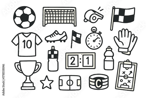 Soccer Doodle Icons. Hand-drawn doodle illustration soccer team activity soccer ball, goal net, whistle, jersey, cleats, referee flag, stopwatch, trophy, water