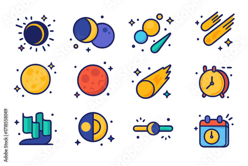 Celestial Events Icons. Hand-drawn doodle illustration Morning dew in the garden [watering can, flower, droplet, sun, leaf, butterfly, bird, sparkle, cloud,