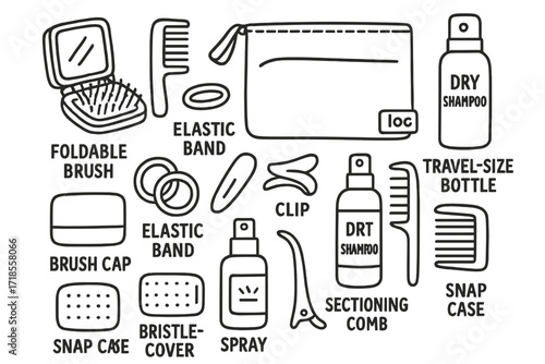 Travel Haircare Essentials. Hand-drawn doodle illustration [Travel hairbrush and comb kit] [foldable brush, compact mirror, mini comb, zipper pouch,
