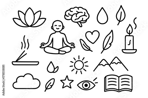 Zen Symbols Medley. Hand-drawn doodle illustration mindfulness practice lotus flower, meditation person, brain, leaf, water droplet, incense, candle, heart,