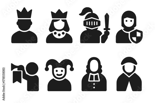Noble Professions Icons. Solid, filled icon set of noble professions: king, queen, knight, squire, herald, jester, chancellor, advisor. Solid, filled icons in