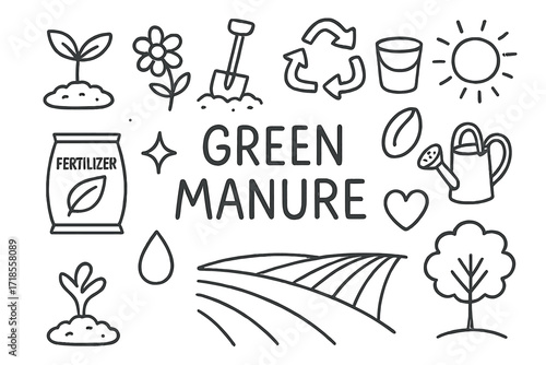 Green Manure Icons. Hand-drawn doodle illustration Green manure [plant sprout, leaf, flower, shovel, soil, fertilizer bag, recycle arrows, bucket, watering