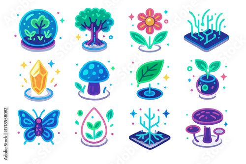 Sci-Fi Nature Icons. Colorful isometric vector icons set of sci-fi neon nature hybrids: glowing biome orb, cybernetic tree, radiant flower drone, neon grass